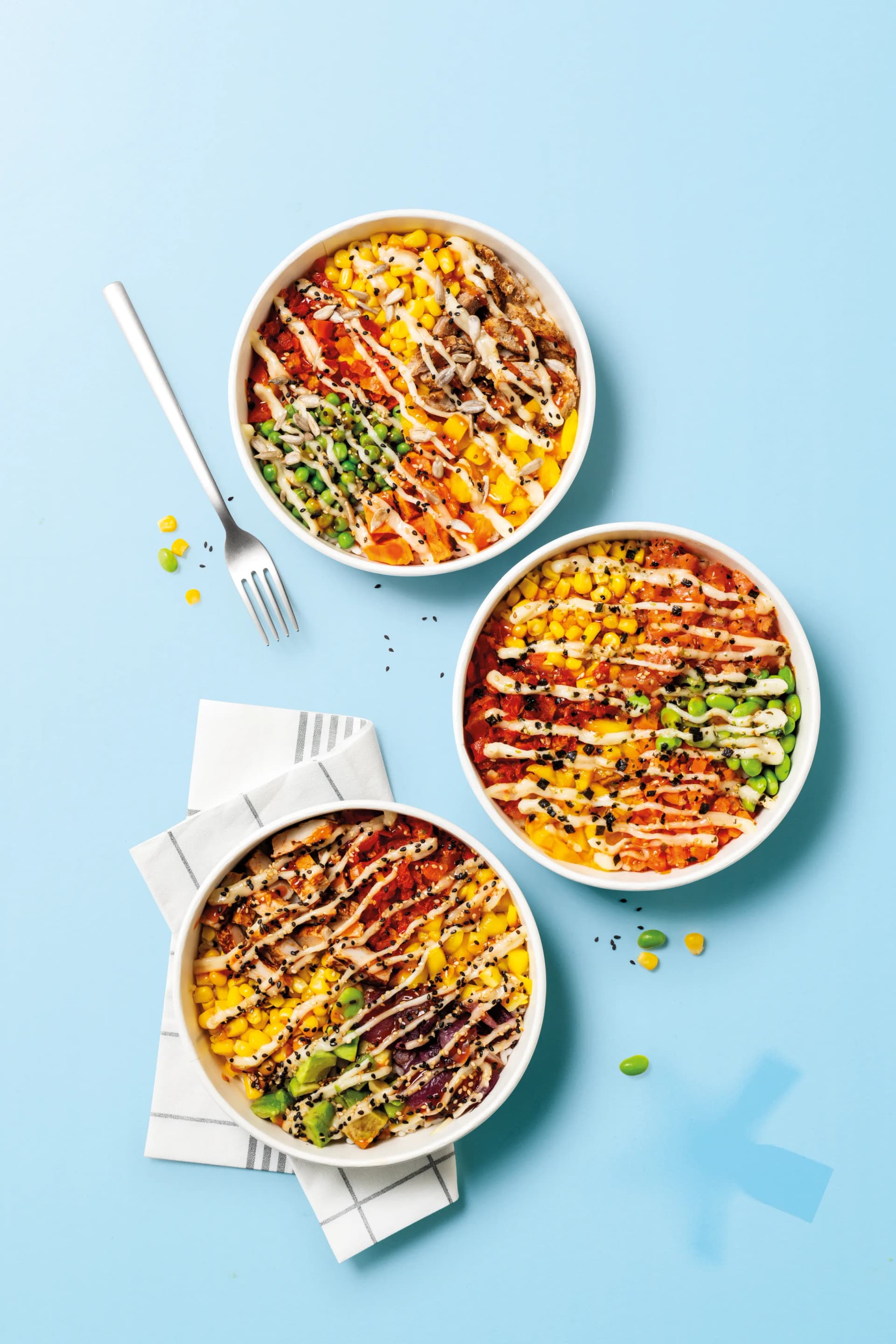 Frostique frozen meal bowls - overhead view of colorful poké bowls