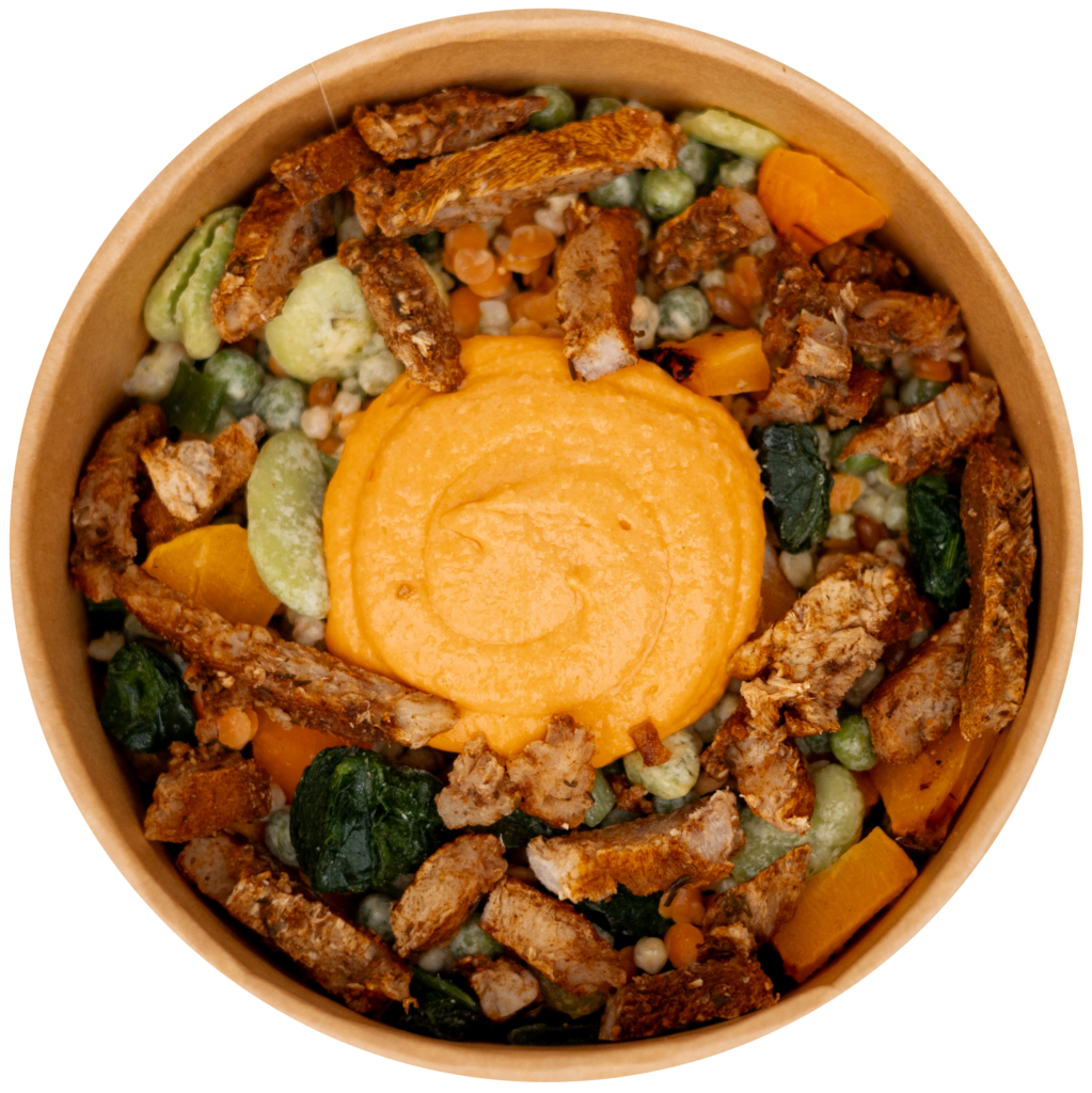 Gebakken runderreepjes met pittige hummus Bovenaanzicht